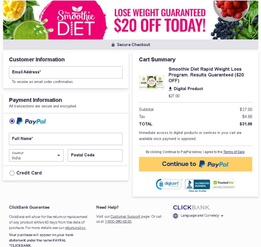 Secure checkout page for The Smoothie Diet program